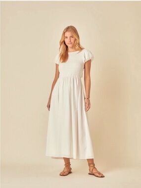 Smocked Maxi Dress with Puff Sleeves in Cream
